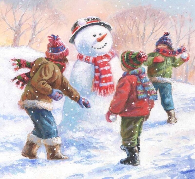 Children Playing in Snow — White, Playful, Winter, Painting, Snowman