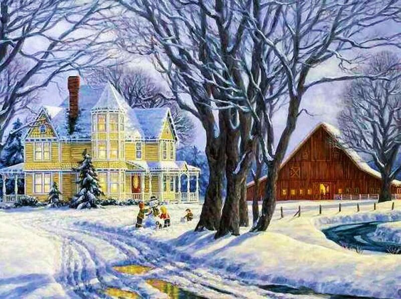 Children Playing in Snow — Yellow, Peaceful