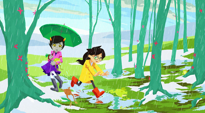 Children playing in the rain