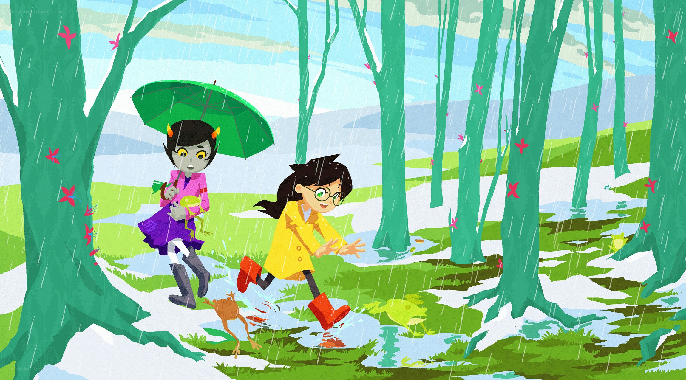 Children playing in the rain