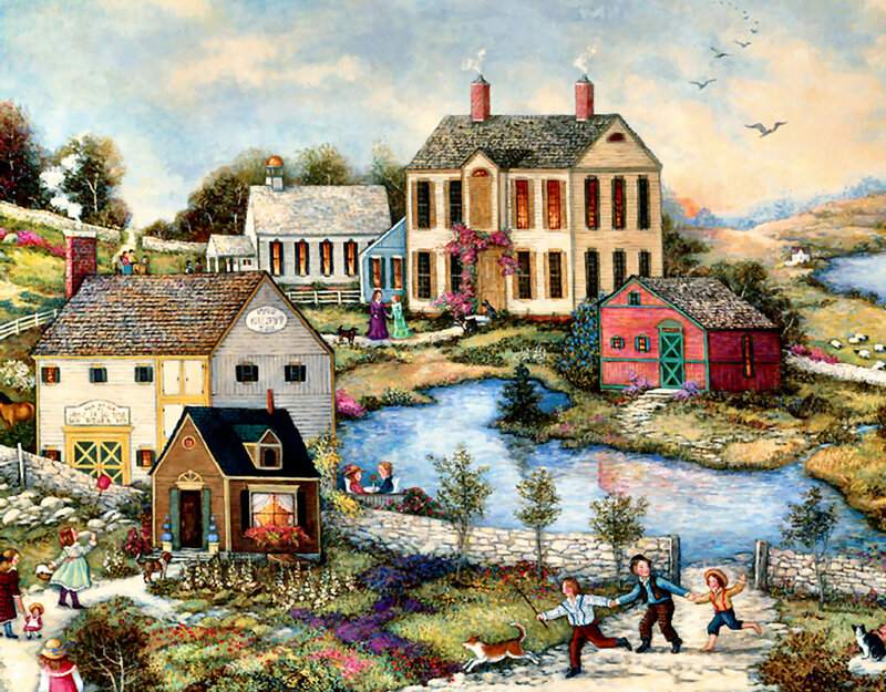 Children Playing in Village — Blue, Peaceful