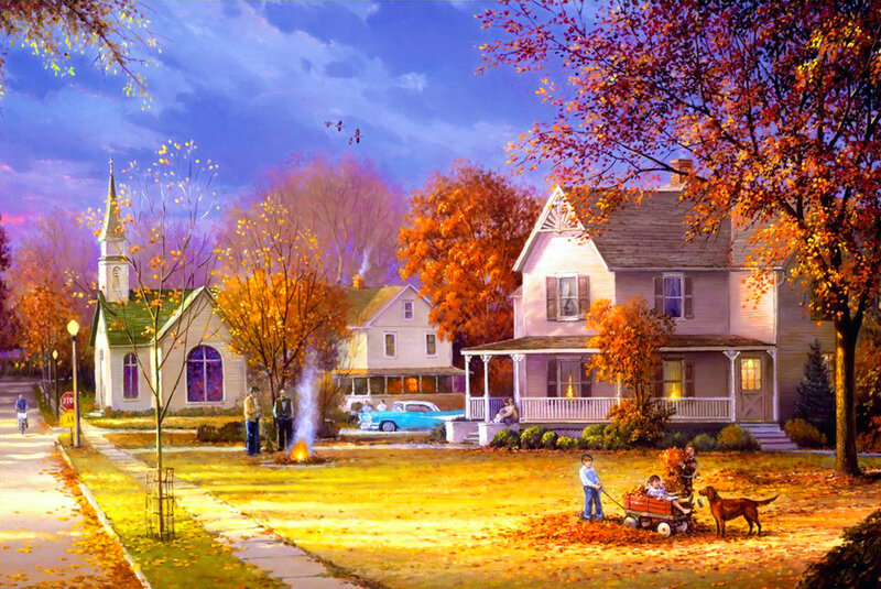 Children Playing in Yard — Orange, Peaceful, Autumn