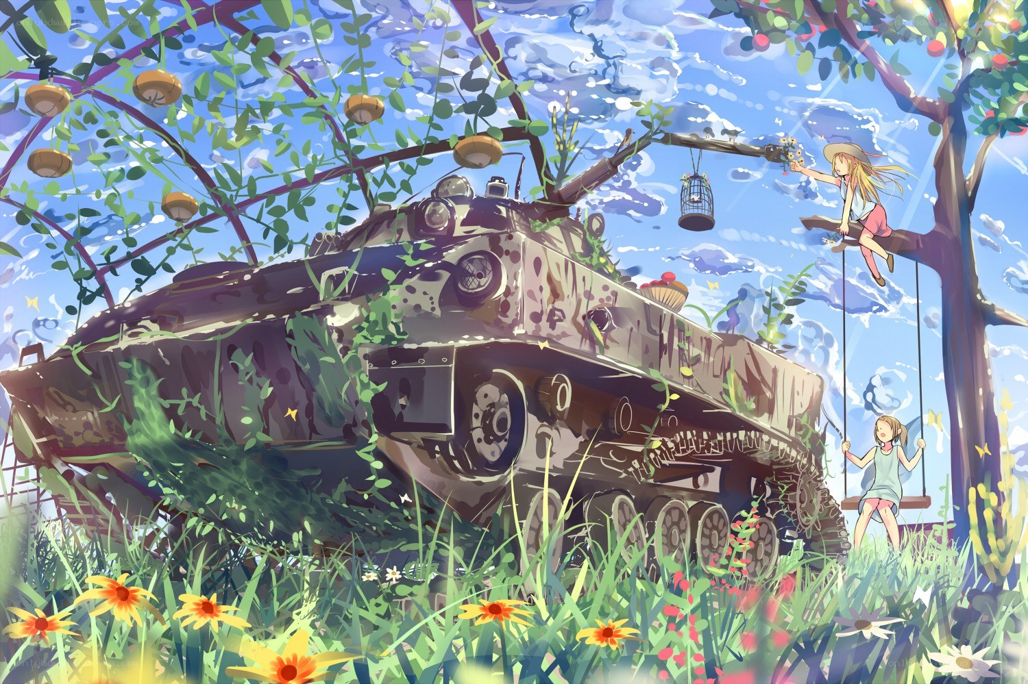 Children playing near a tank