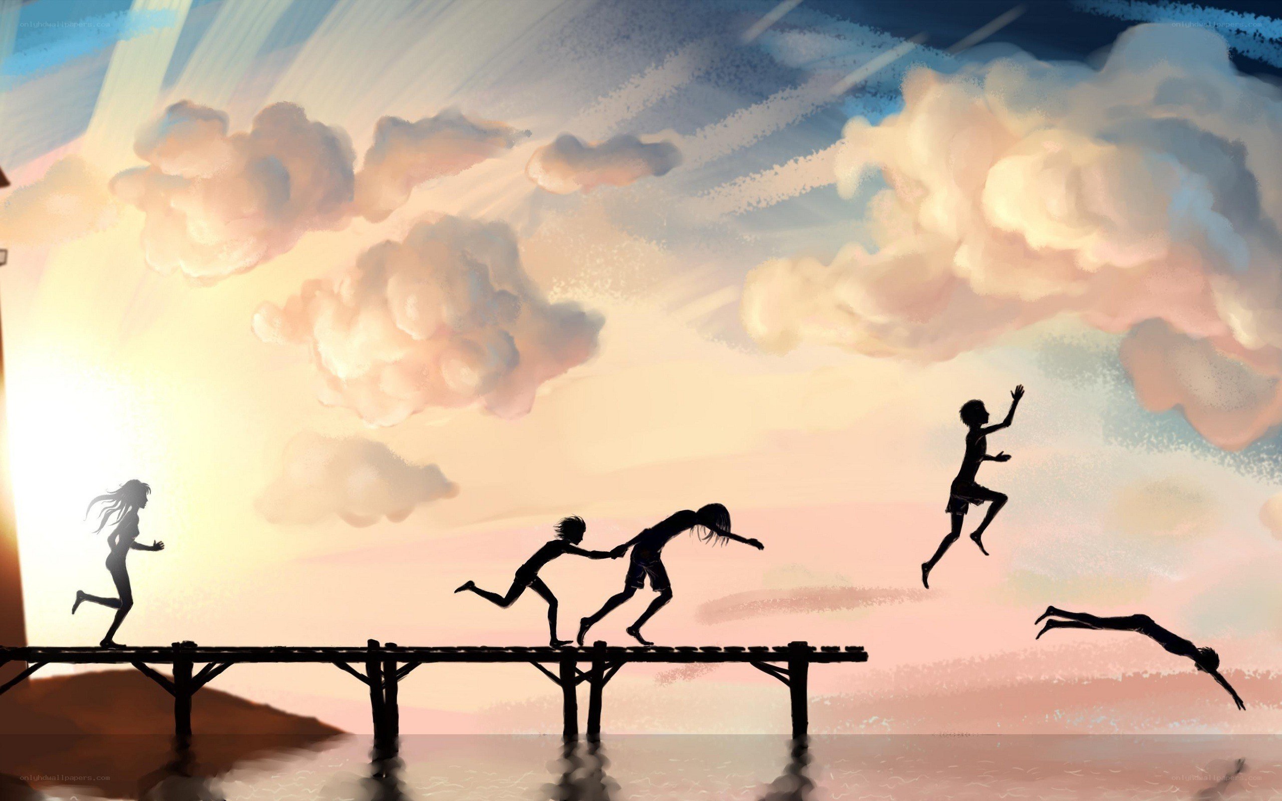 Children playing on a pier