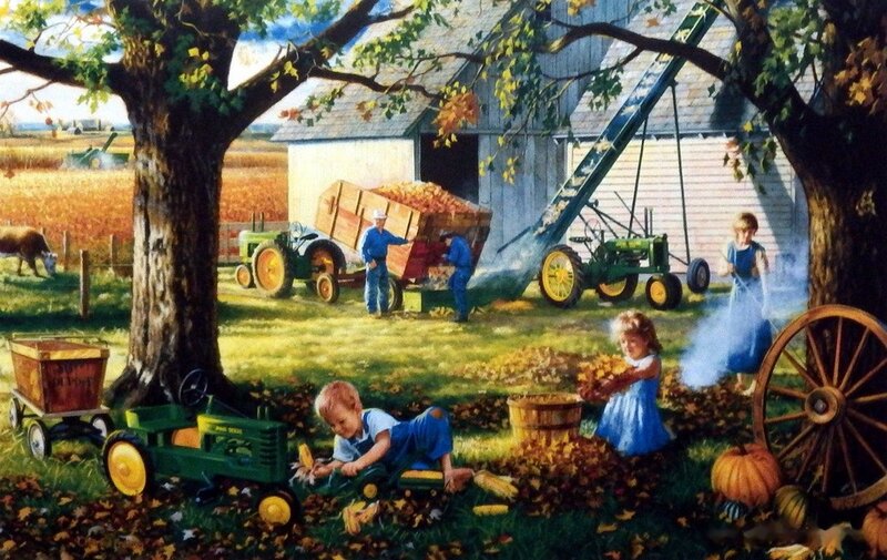 Children Playing on Farm — Green, Peaceful, Autumn, Painting