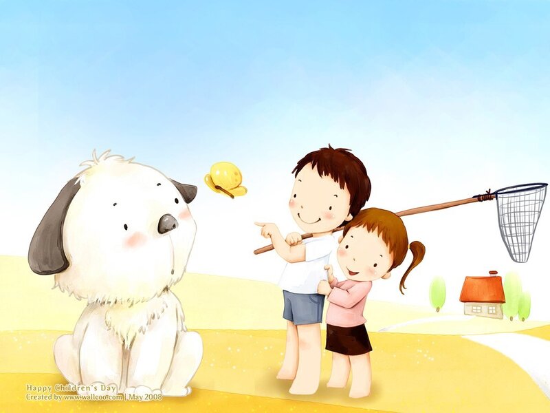 Children playing with a dog