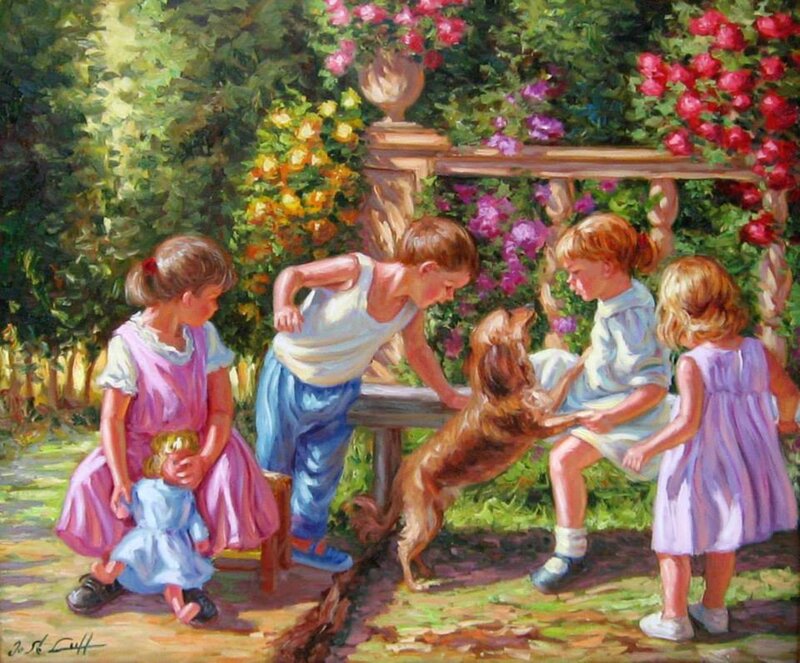Children Playing with Dog — Green