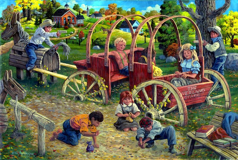 Children Playing with Wagons