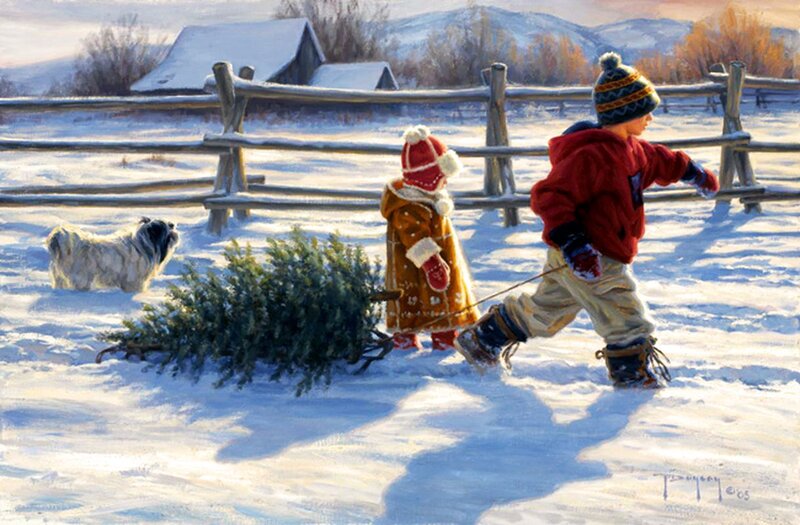 Children Pulling Tree — White