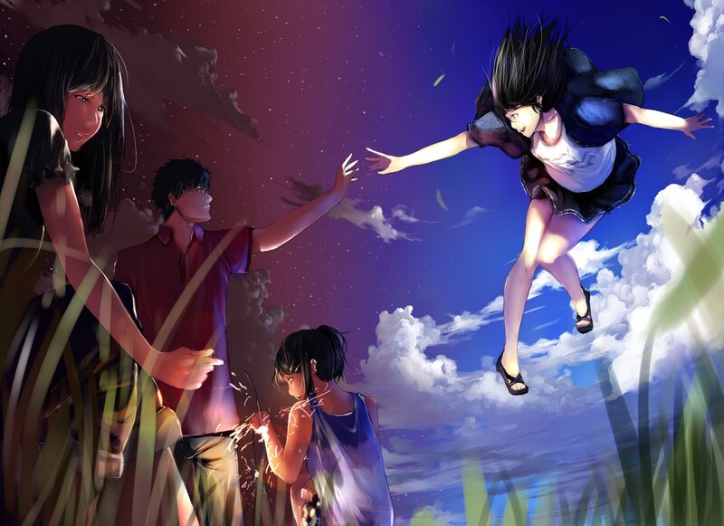 Children reaching for a flying girl