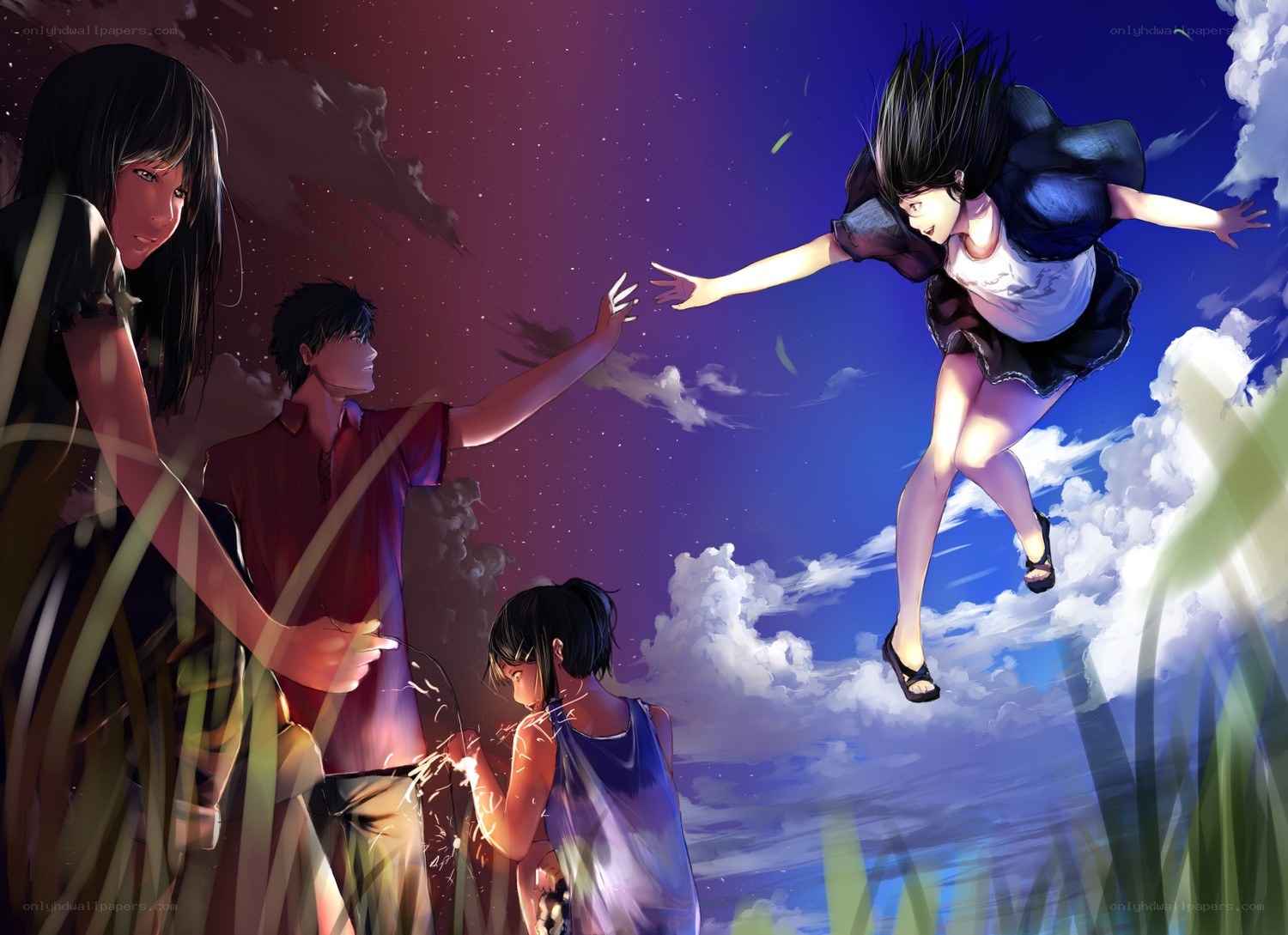 Children reaching for a flying girl