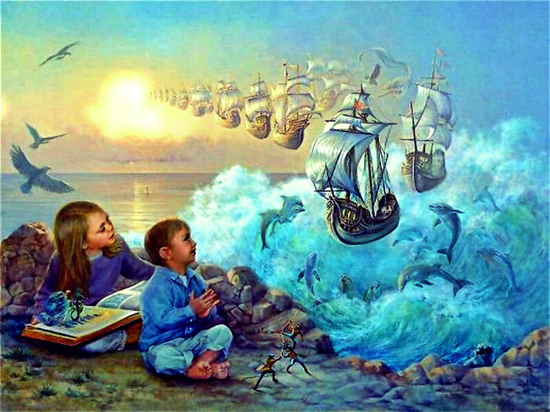 Children Reading Book — Blue, Dreamy, Sunset
