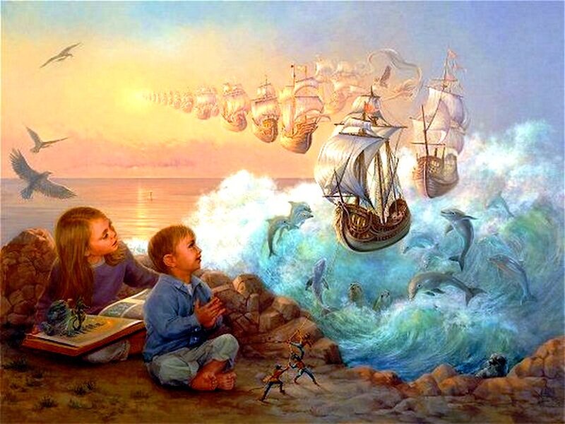 Children Reading Book — Blue, Dreamy