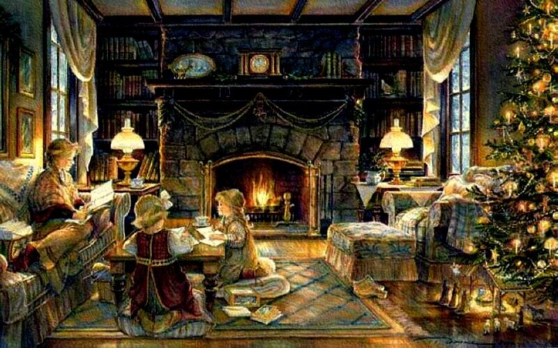 Children Reading by Fireplace