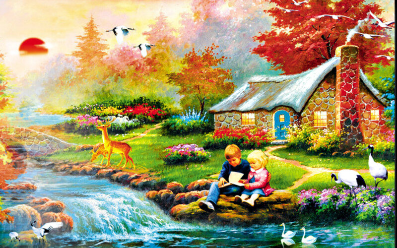 Children Reading by Stream
