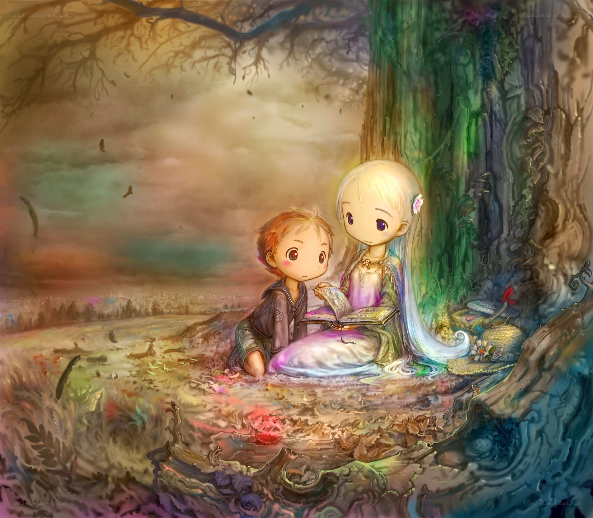 children reading in a forest