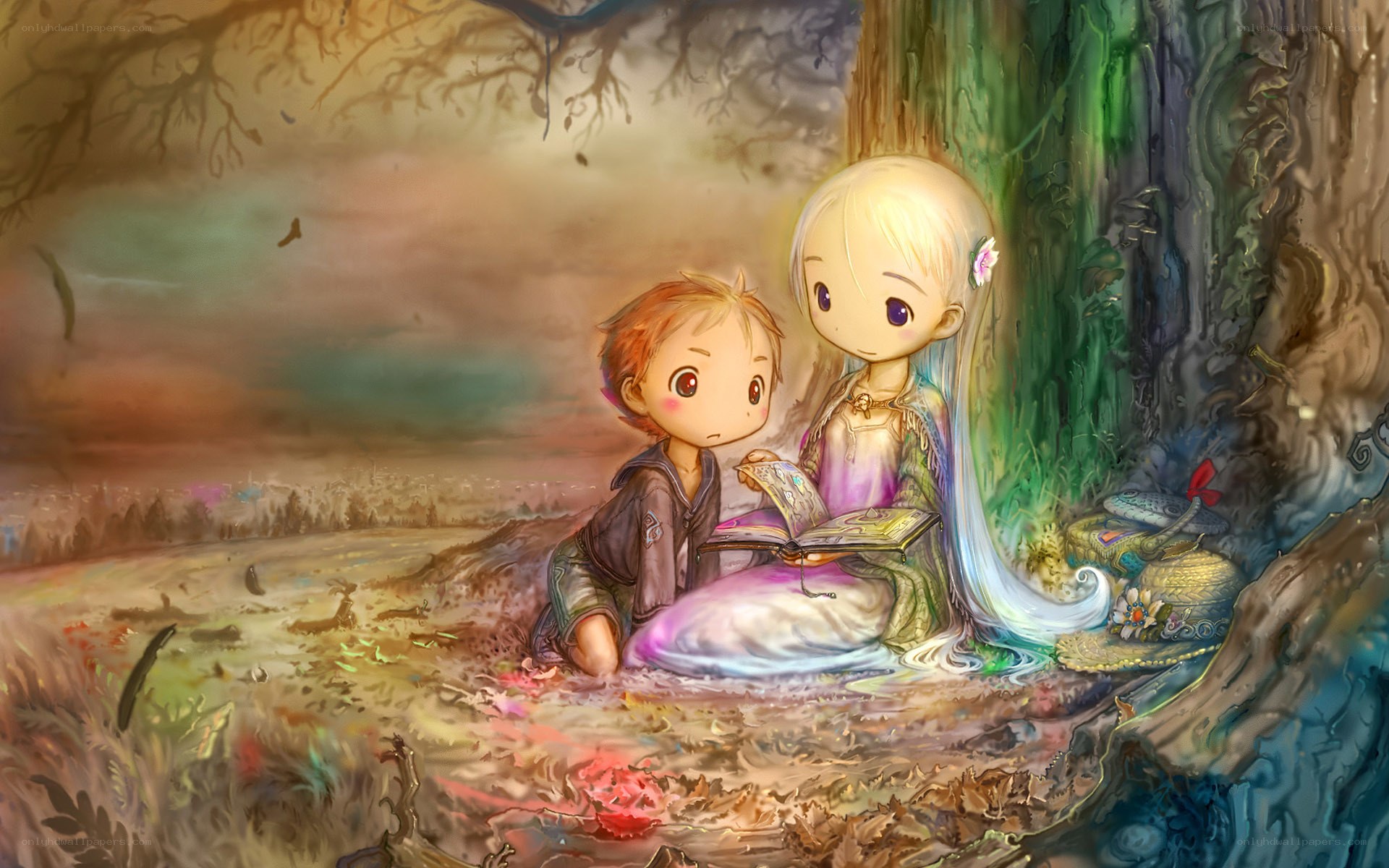 Children reading in a forest
