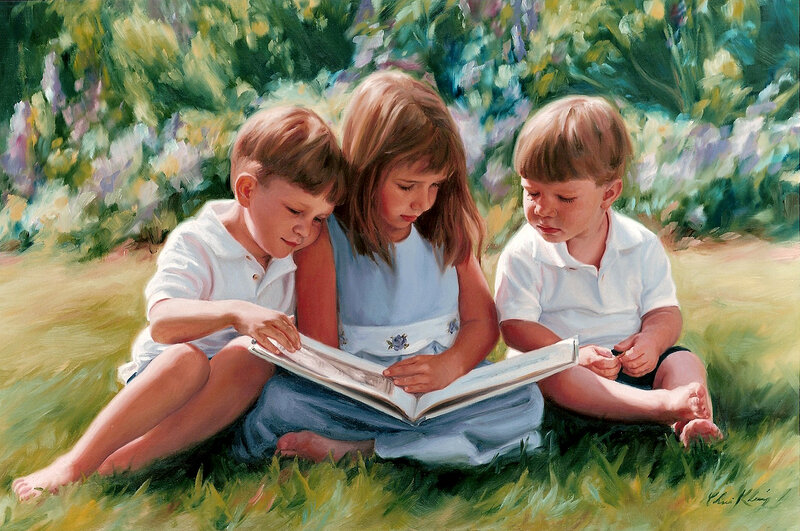 children reading in a garden