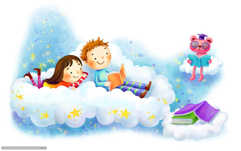 Children Reading on Cloud — Blue