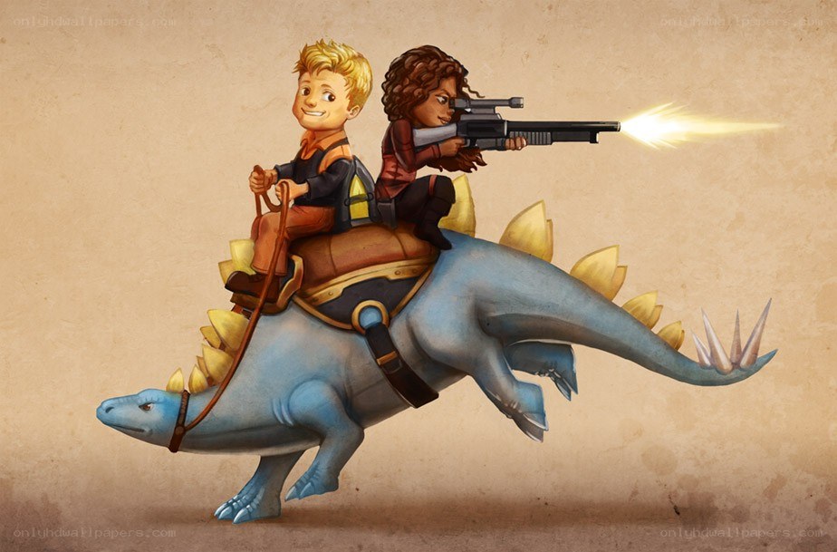 Children riding a dinosaur