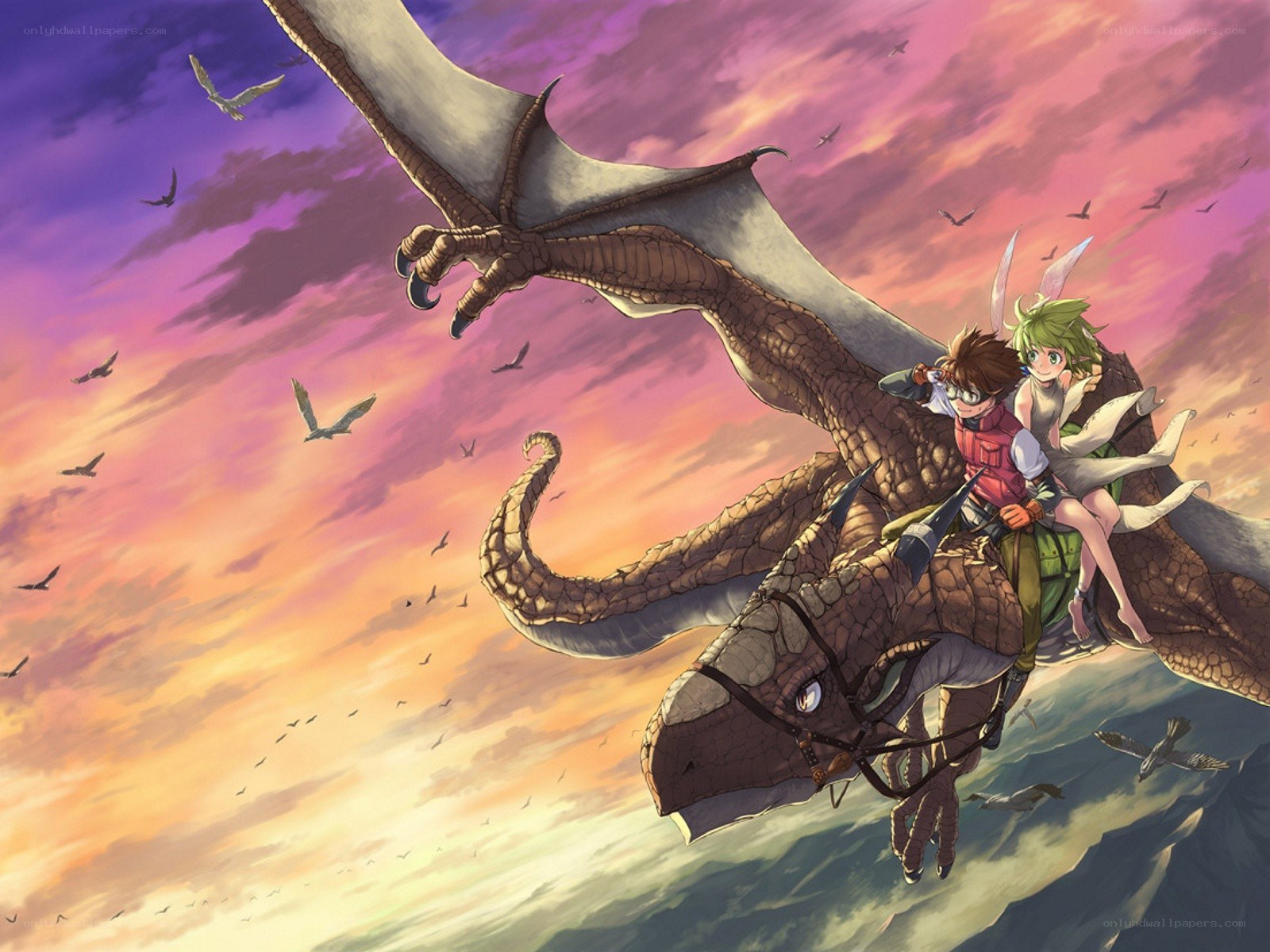 Children riding a dragon at sunset