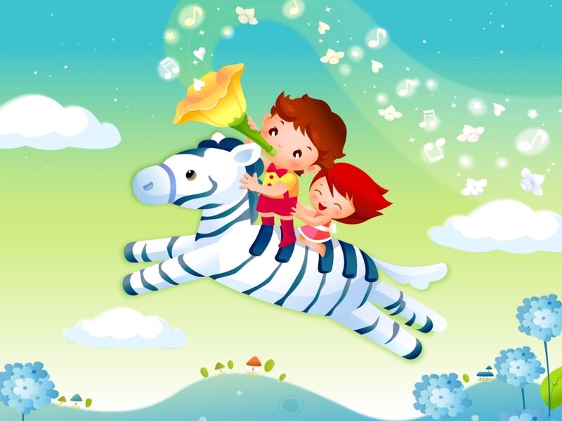 children riding a flying zebra