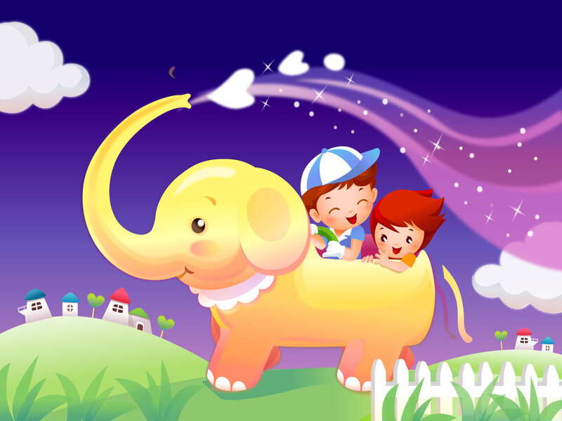 Children riding a yellow elephant