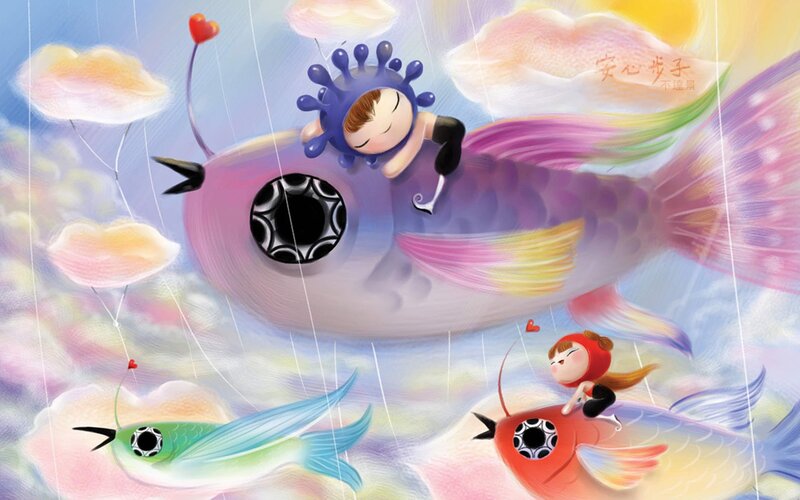 Children riding colorful fish in the sky