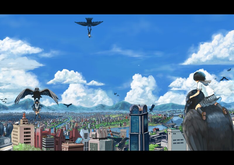 Children riding giant birds over a city