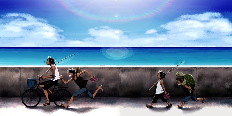 Children Running on Beach — Blue