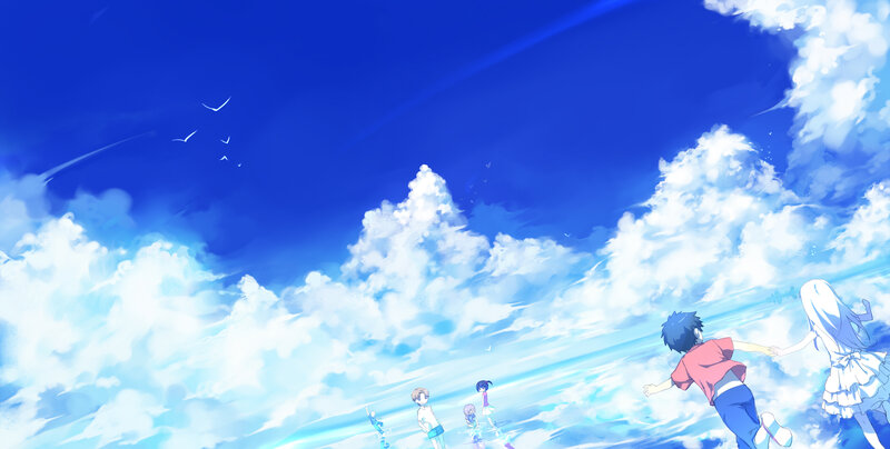 Children running through clouds