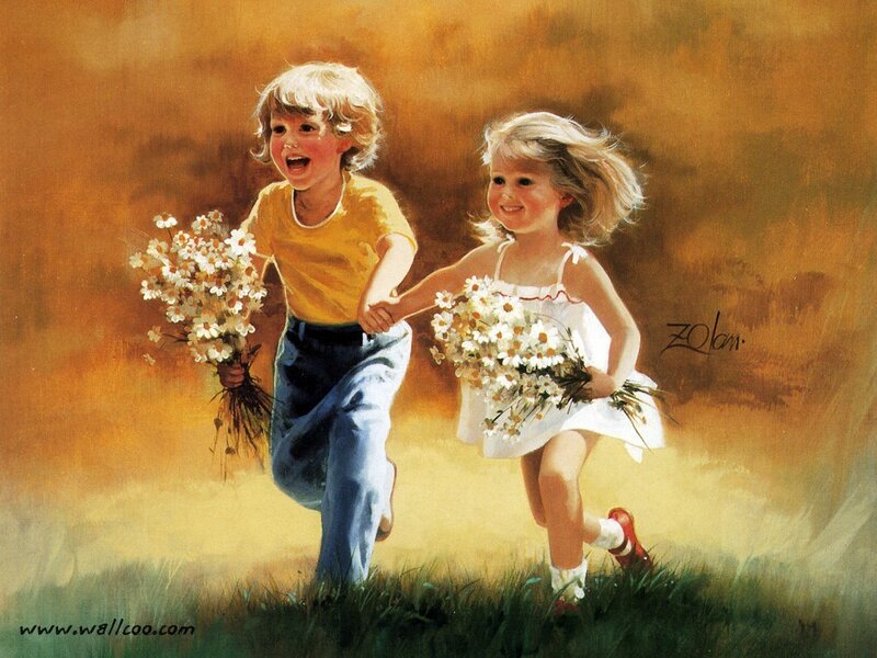 Children Running with Flowers