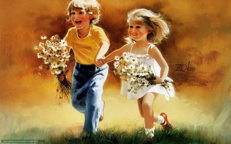 Children running with flowers