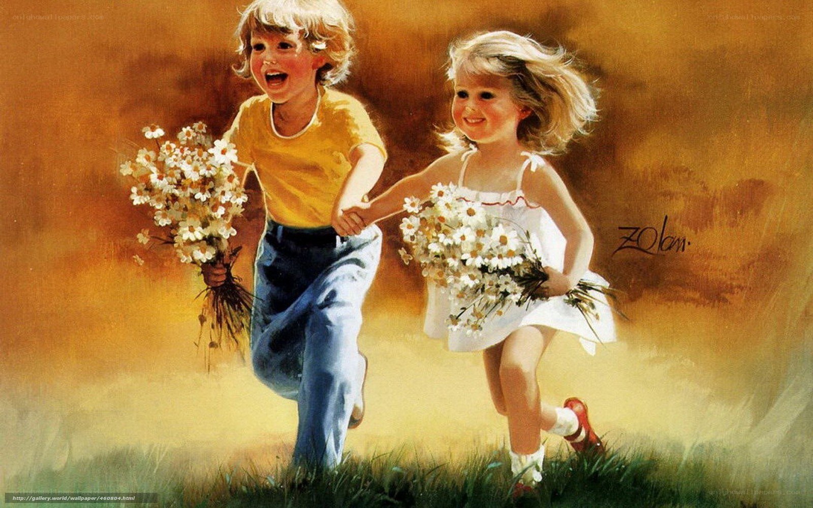 Children running with flowers
