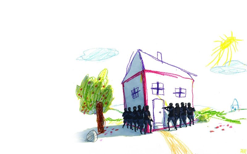 Children's drawing of soldiers at a house