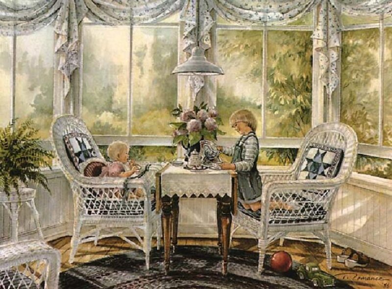 Children's tea party in sunroom