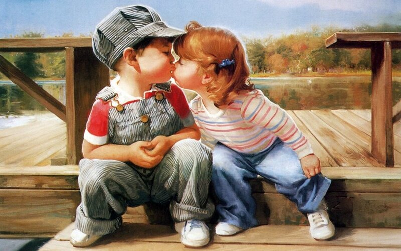 children sharing a kiss on dock