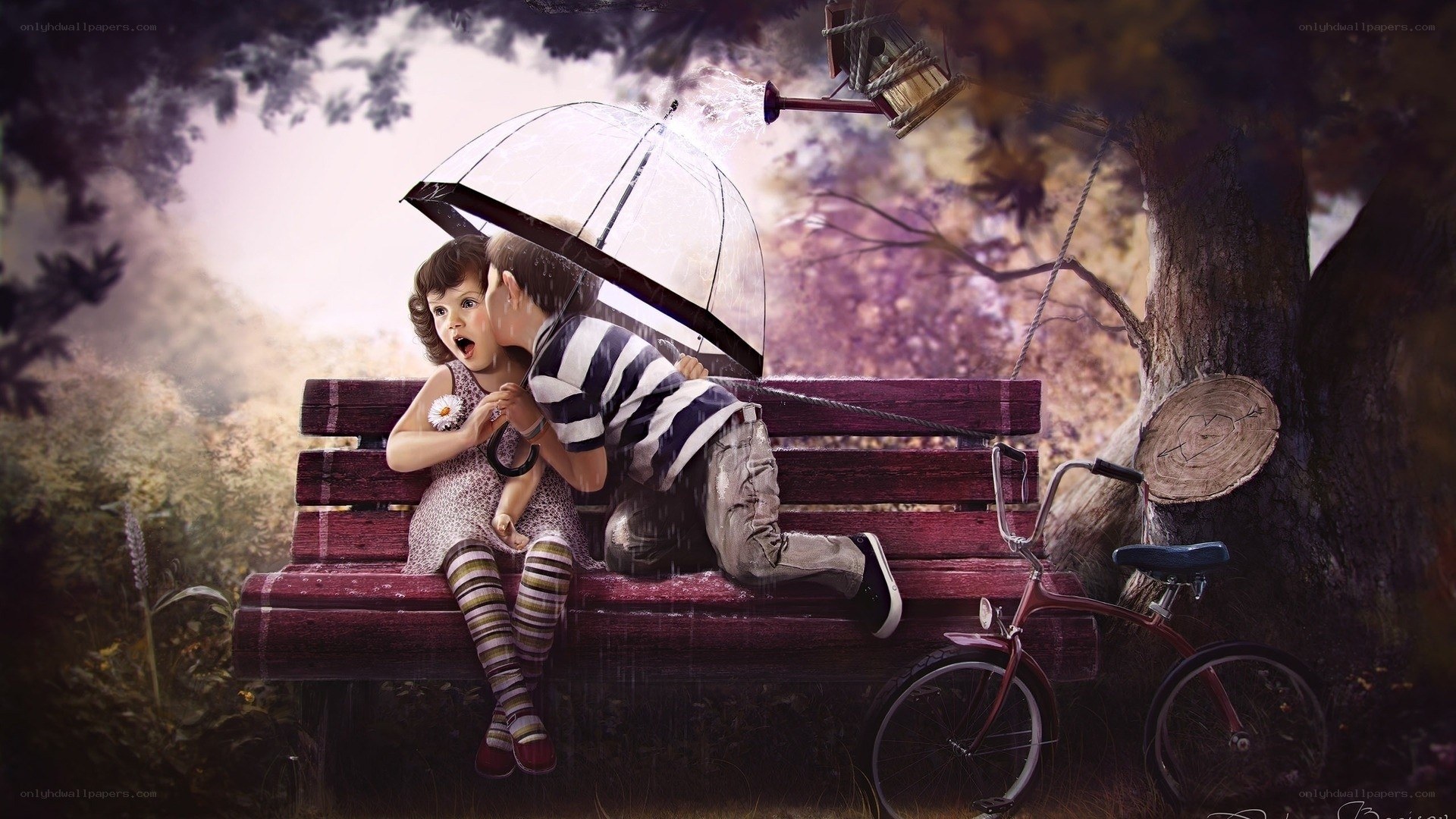 Children sharing a secret in rain