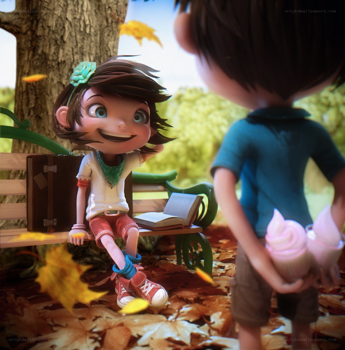 Children sharing ice cream in autumn