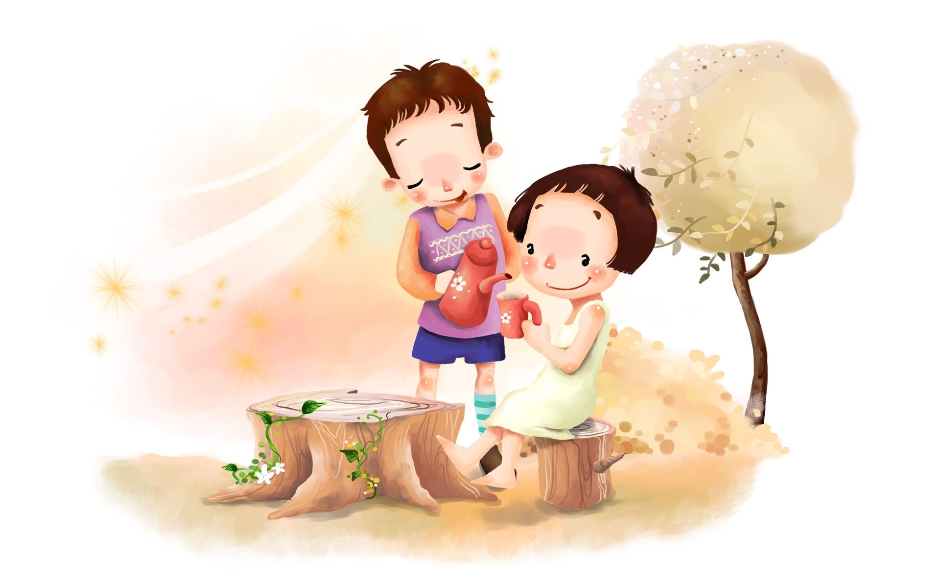 Children sharing tea outdoors
