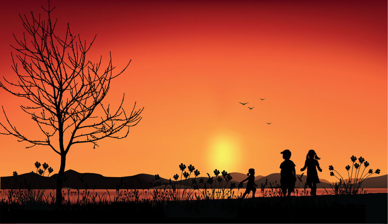 Children Silhouetted at Sunset — Red