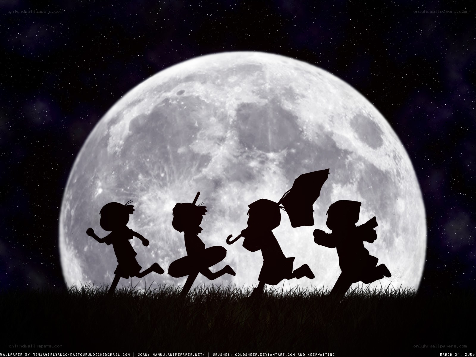 children silhouettes under moon