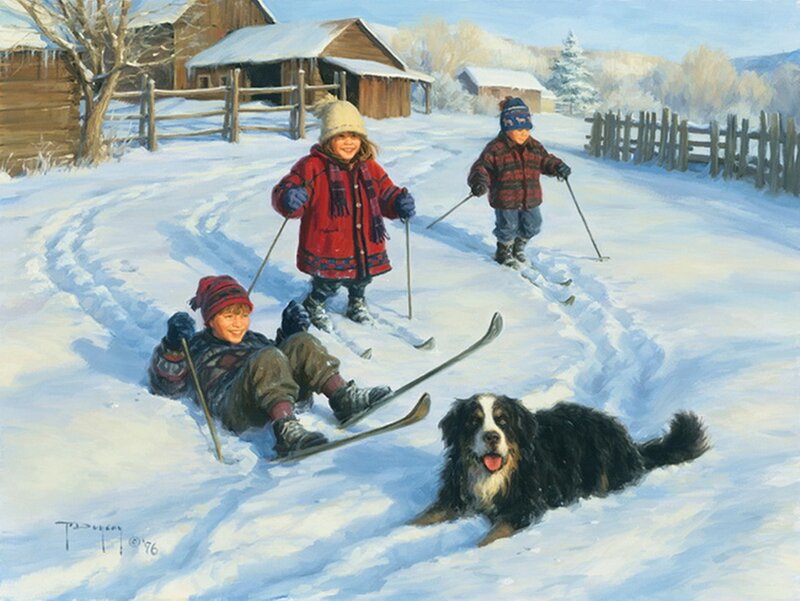 Children Skiing with Dog