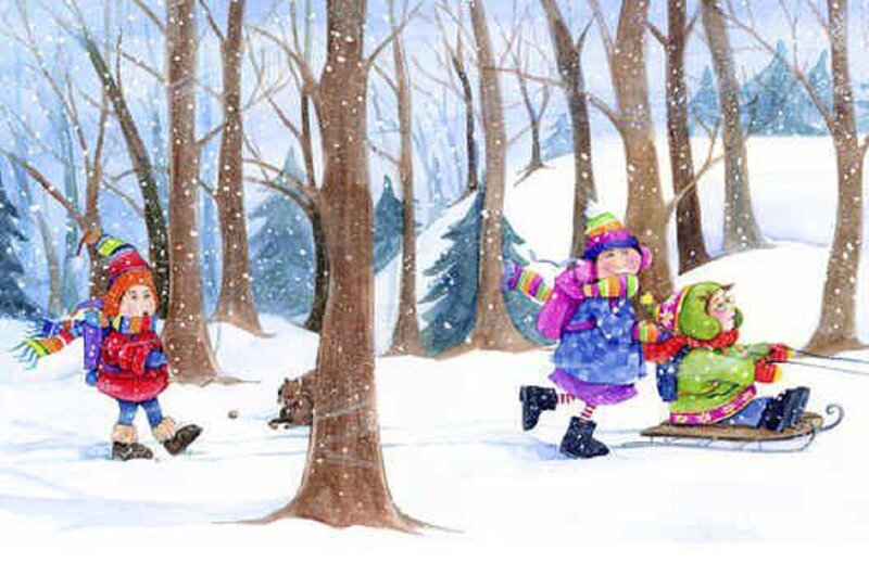 Children Sledding in Forest