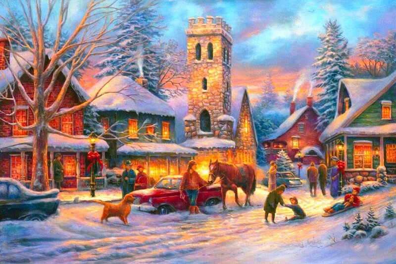 Children Sledding in Snow — Blue, Festive