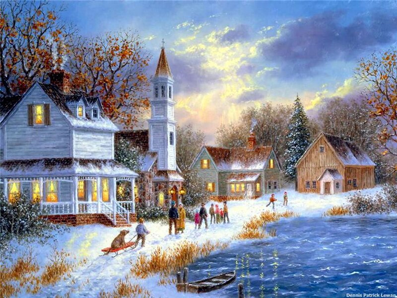 Children Sledding in Snow — Blue, Peaceful, Winter, Painting, Church