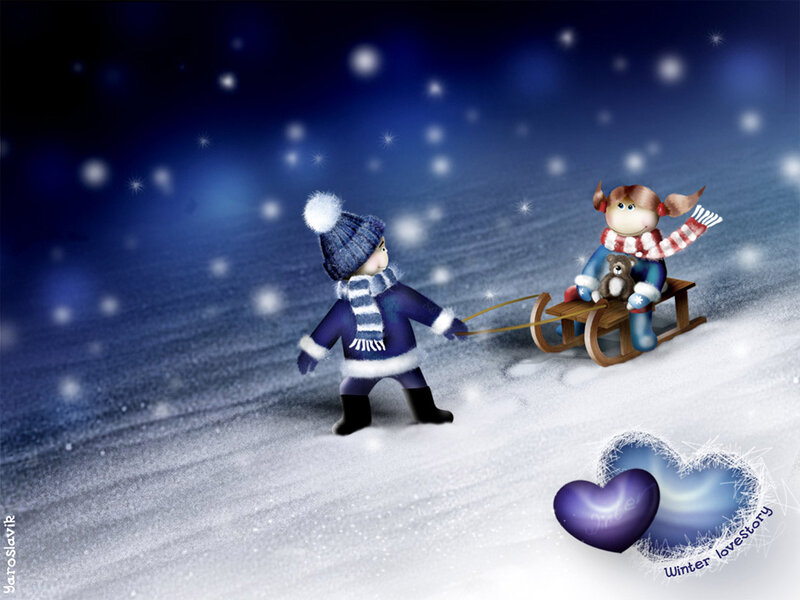 Children Sledding in Snow — Blue, Peaceful, Winter