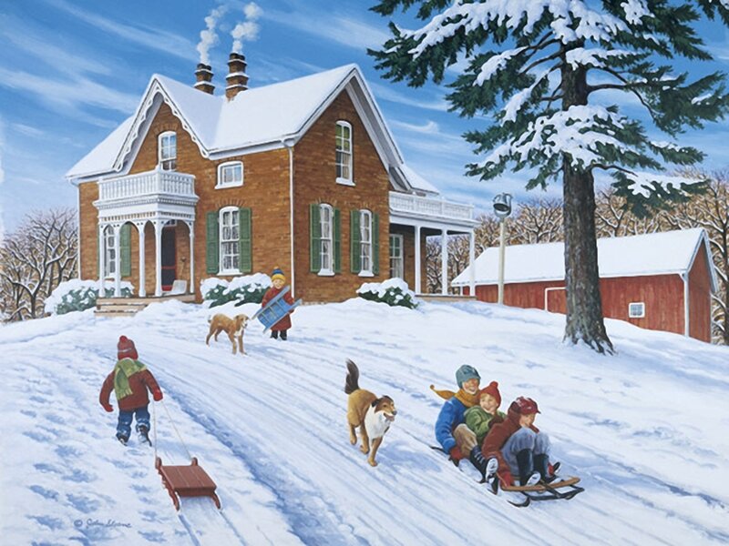Children Sledding in Snow — White, Cheerful