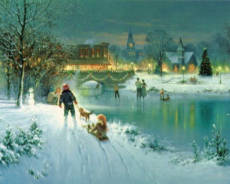 Children Sledding in Snow — White, Festive, Night