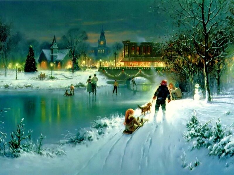 Children Sledding in Snow — White, Festive